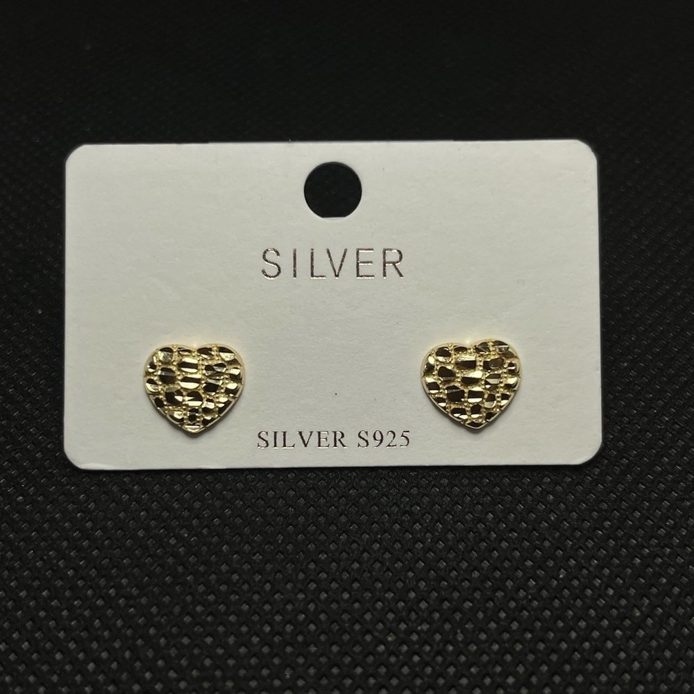 Nugget Heart Stud Earrings 925 Sterling Silver Gold Plated Textured 10mm‎